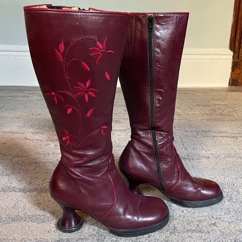 Fluevog Min Sweety Boots Red with Red Embroidery 7.5